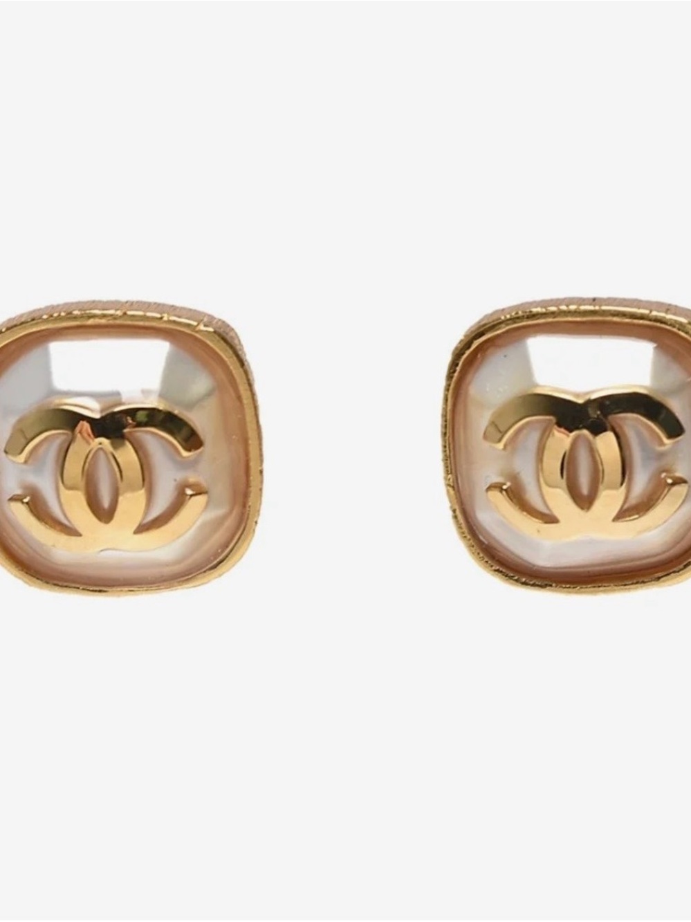 Gold and Pearl-Effect Square CC Stud Earrings